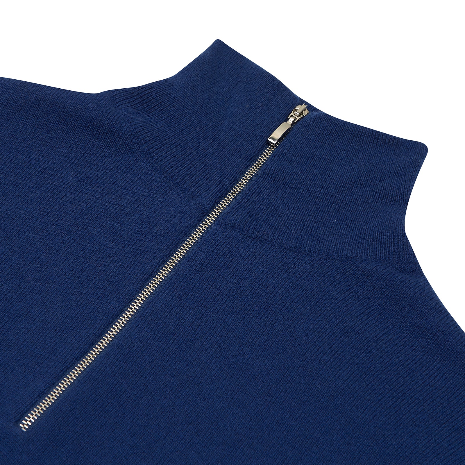 View 2 of product Turnbull & Asser’s Blue Half-Zip Cashmere Jumper with a high collar is neatly folded on a white background, its left sleeve partially tucked under—ideal for winter layering.
