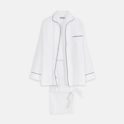 White Herringbone Piped Superfine Cotton Pyjama Set