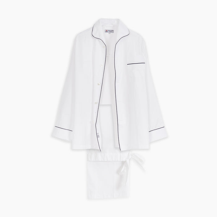 White Herringbone Piped Superfine Cotton Pyjama Set Image 2