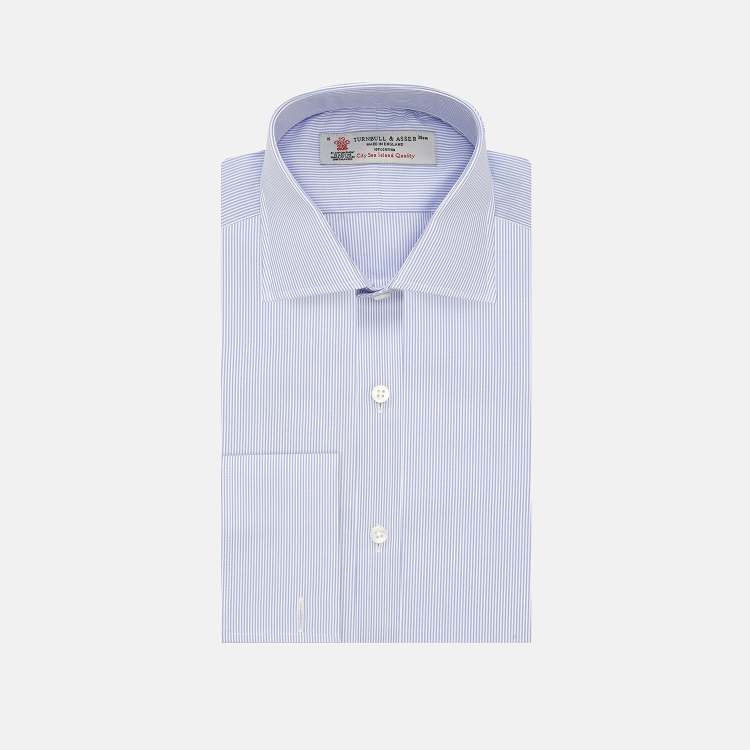 View 1 of product The Turnbull & Asser Blue and White Sea Island Quality Cotton Fine Bengal Stripe Shirt features a Regent collar, double cuffs, white buttons, and a front pocket. Displayed neatly folded against a plain white background.