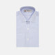 The Turnbull & Asser Blue and White Sea Island Quality Cotton Fine Bengal Stripe Shirt features a Regent collar, double cuffs, white buttons, and a front pocket. Displayed neatly folded against a plain white background.