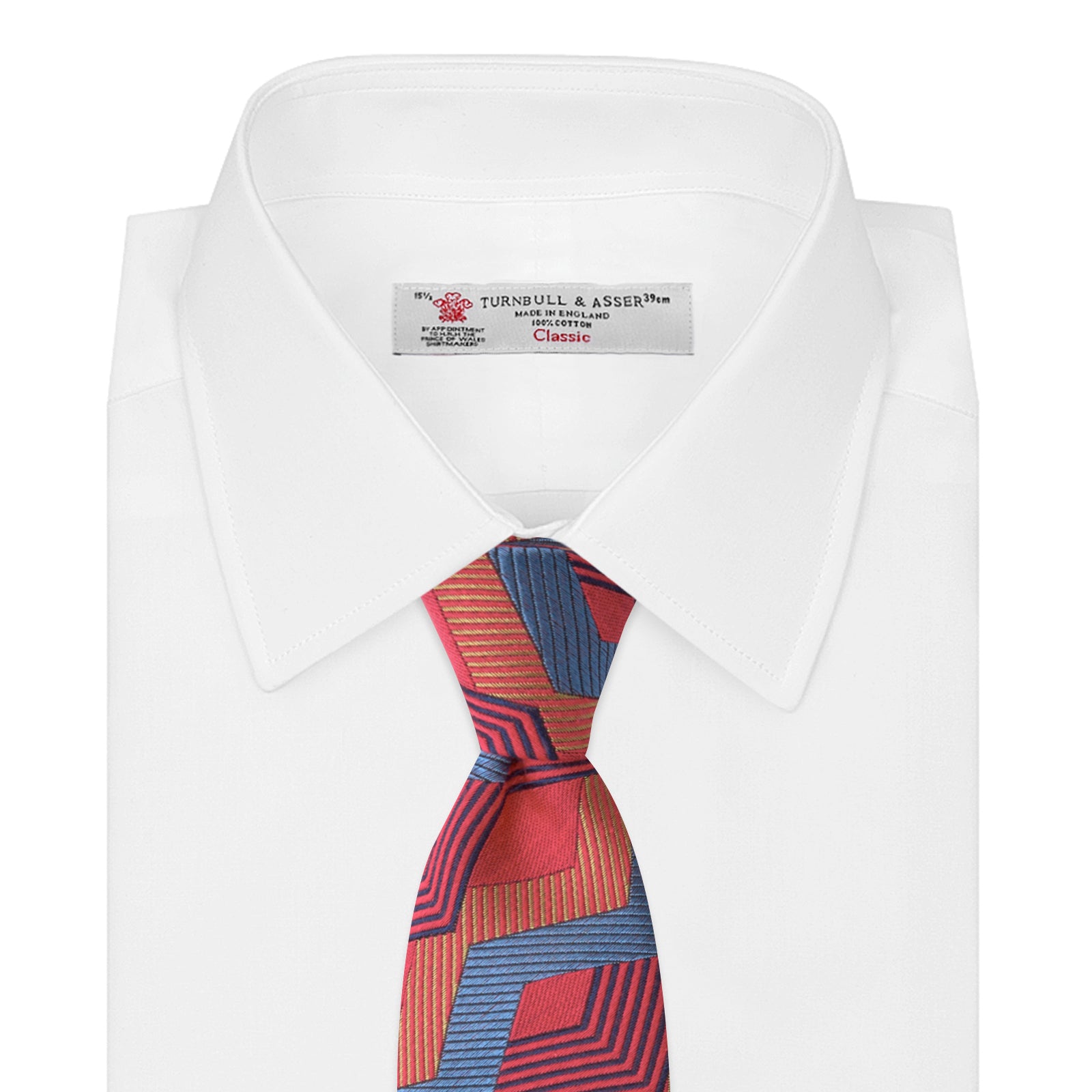 View 2 of product The Turnbull & Asser Red and Blue Zig Zag Silk Tie is a limited-run silk tie featuring interlocking geometric zigzag shapes and diagonal stripes in red, blue, gold, and navy.