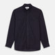 The Turnbull & Asser Midnight Blue Corduroy Officer Weekend Fit Shirt features a soft Dorset collar, relaxed fit, 1-button cuffs, and two button-flap chest pockets, shown on a white background.