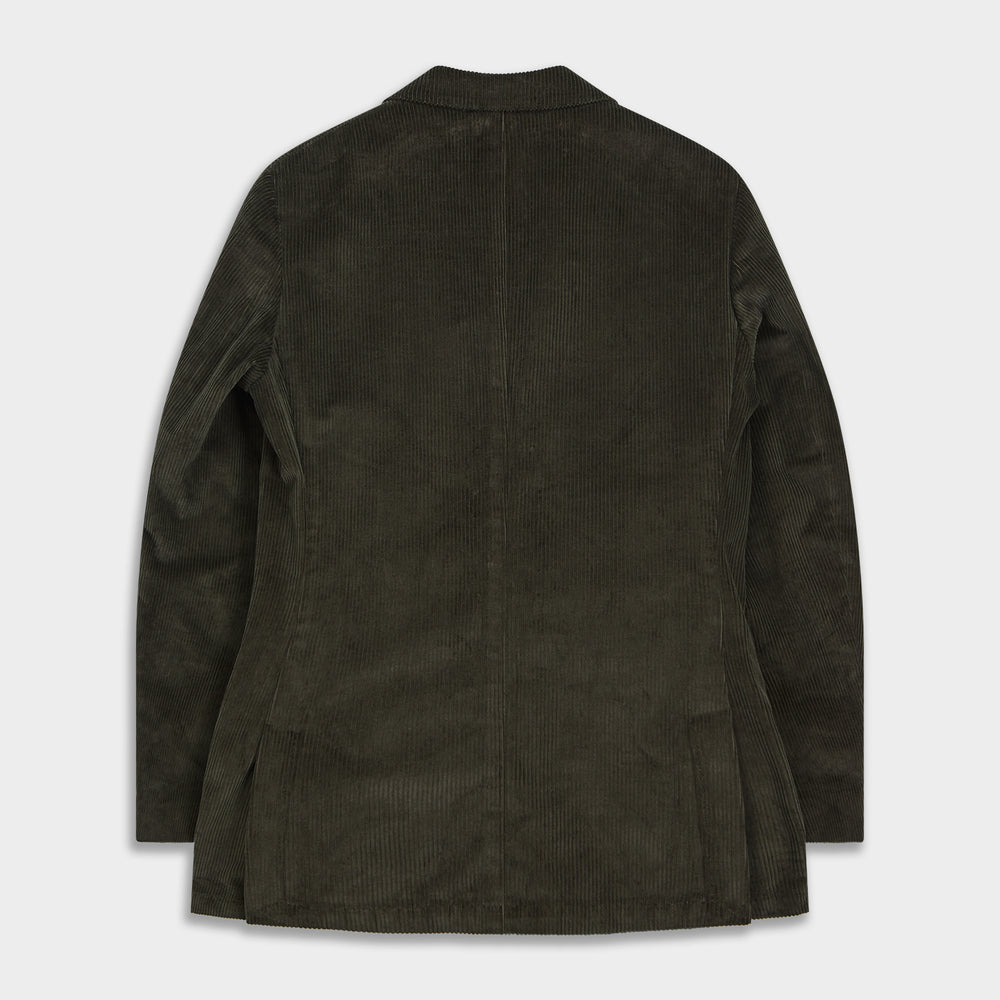 The Turnbull & Asser Olive Green Corduroy Jacket, crafted from pure cotton with notched lapels, two buttons, patch and welt chest pockets, displays Italian tailoring and is shown laid flat on a white background.