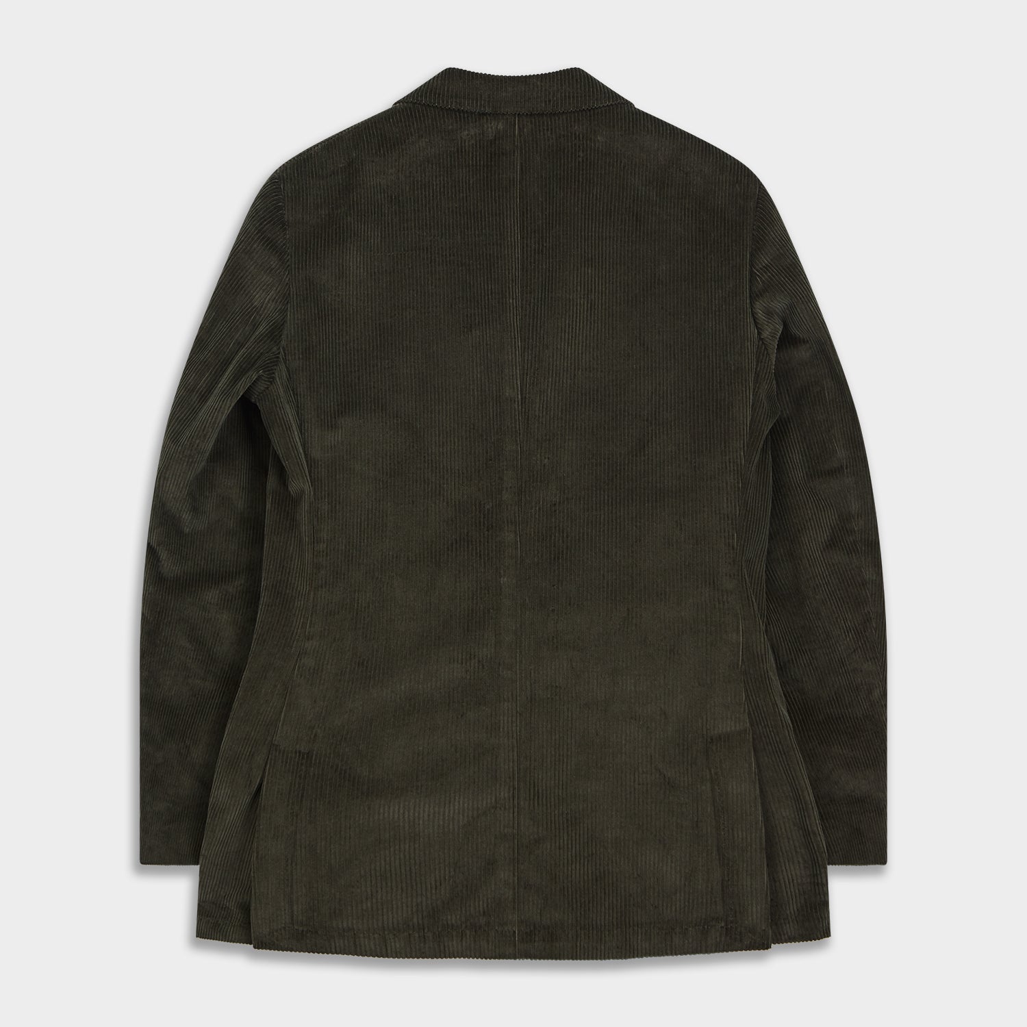 View 3 of product The Turnbull & Asser Olive Green Corduroy Jacket, crafted from pure cotton with notched lapels, two buttons, patch and welt chest pockets, displays Italian tailoring and is shown laid flat on a white background.
