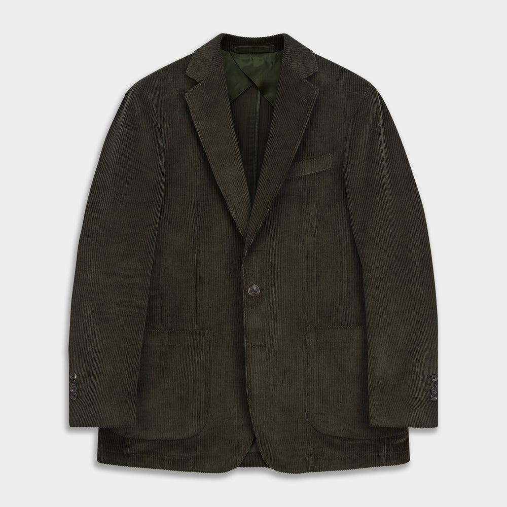 The Turnbull & Asser Olive Green Corduroy Jacket, crafted from pure cotton with notched lapels, two buttons, patch and welt chest pockets, displays Italian tailoring and is shown laid flat on a white background.