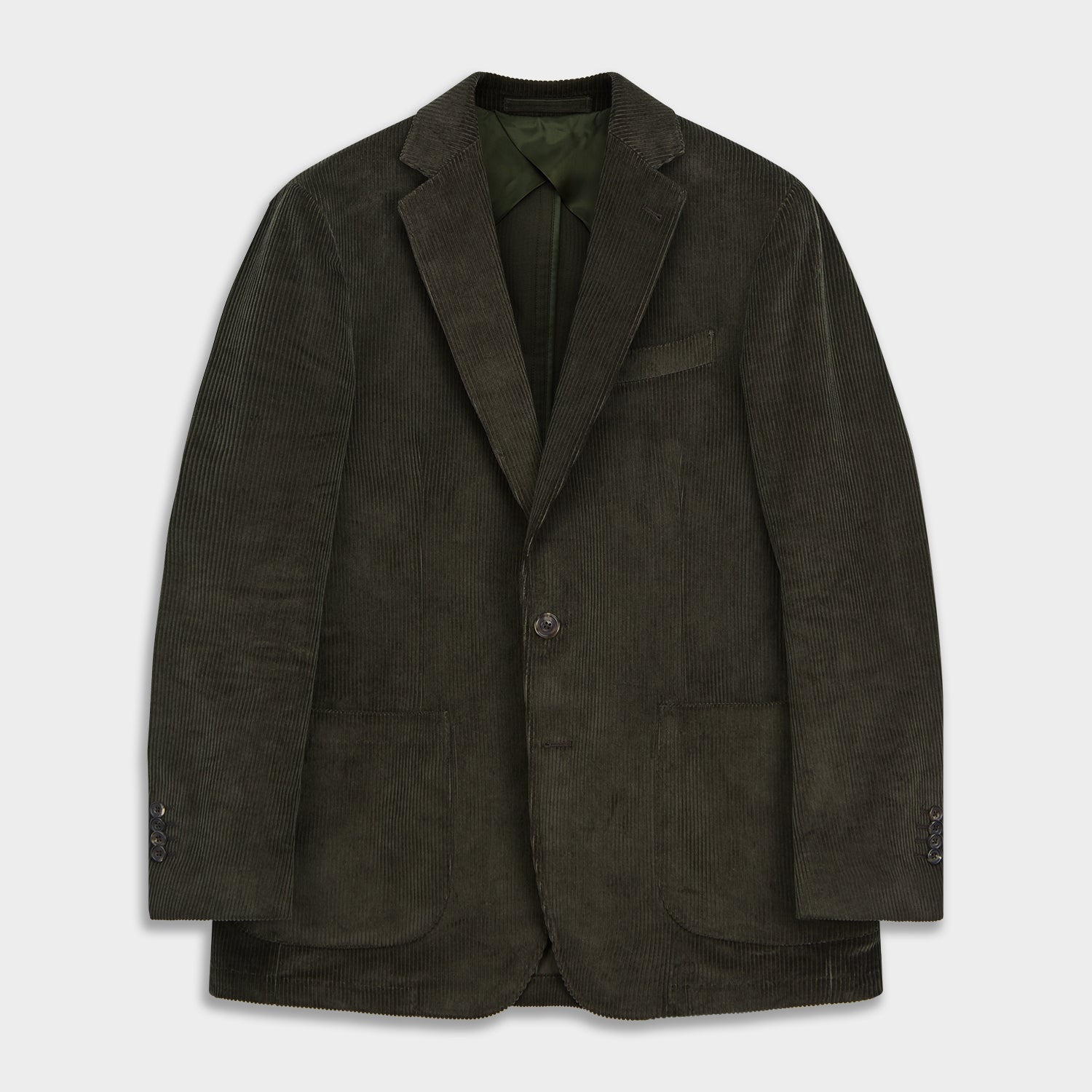 View 1 of product The Turnbull & Asser Olive Green Corduroy Jacket, crafted from pure cotton with notched lapels, two buttons, patch and welt chest pockets, displays Italian tailoring and is shown laid flat on a white background.