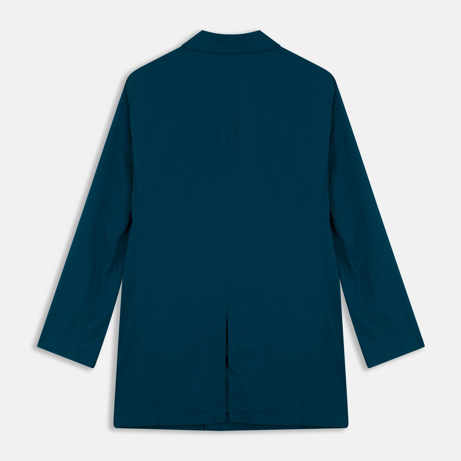 View 3 of product The Turnbull & Asser Blue Pack-Away Rain Mac is a knee-length coat with a classic collar, long sleeves, side buttoned pockets, and a concealed front placket, shown against a plain white background.