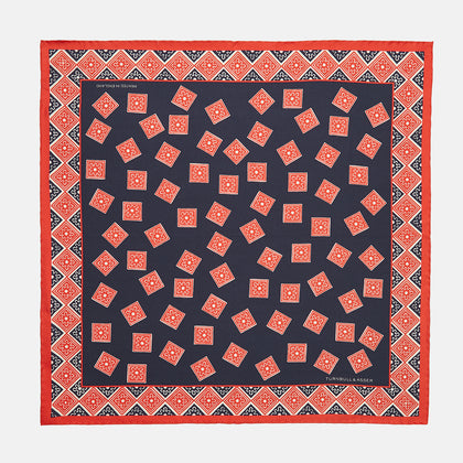 Navy and Cherry Red Tiled Floral Silk Pocket Square