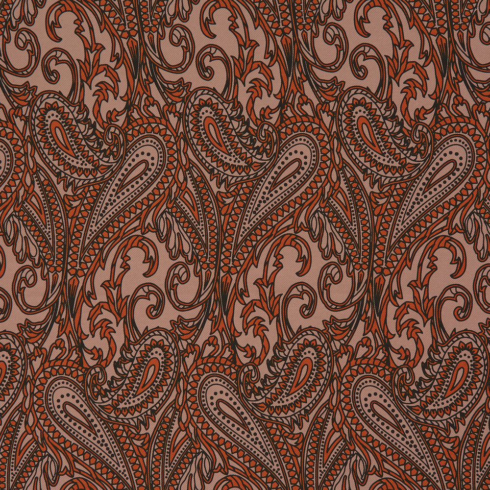 The Orange House Paisley Print Silk Pocket Square by Turnbull & Asser features a brown paisley design on a light brown silk background with a solid brown border and brand's logo printed in one corner.