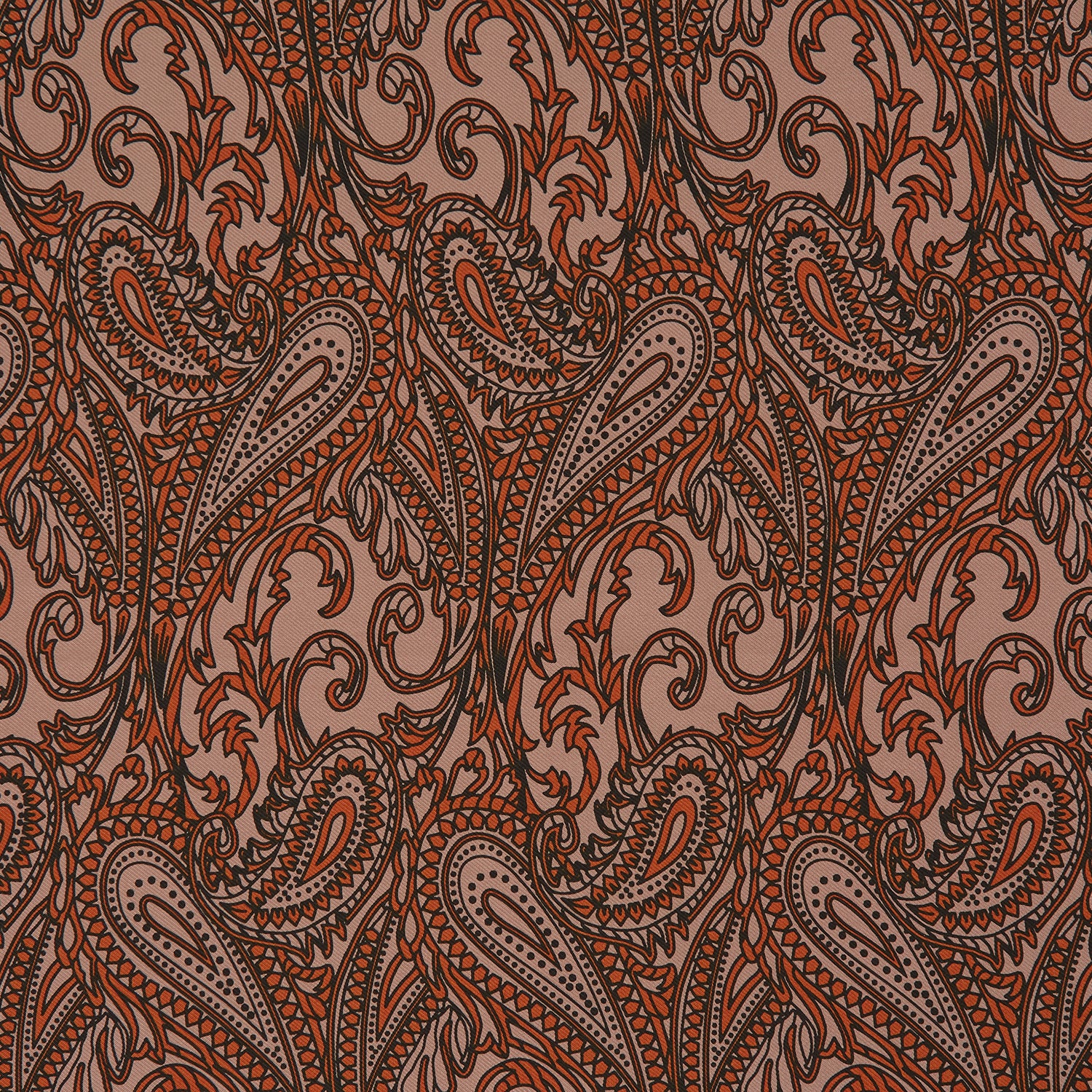 View 2 of product The Orange House Paisley Print Silk Pocket Square by Turnbull & Asser features a brown paisley design on a light brown silk background with a solid brown border and brand's logo printed in one corner.