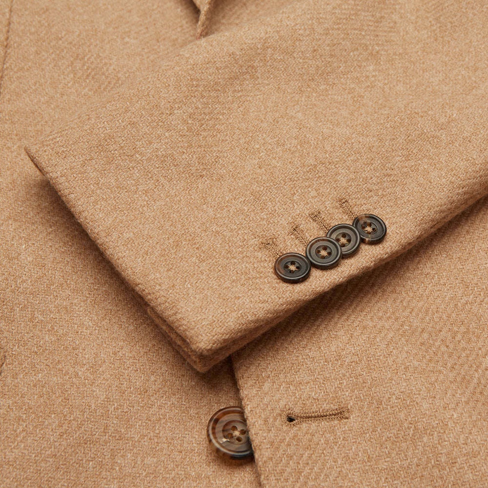 The Camel Merino Wool Blazer by Turnbull & Asser features a classic notch lapel, two front pockets, and two dark buttons. Shown against a white background.
