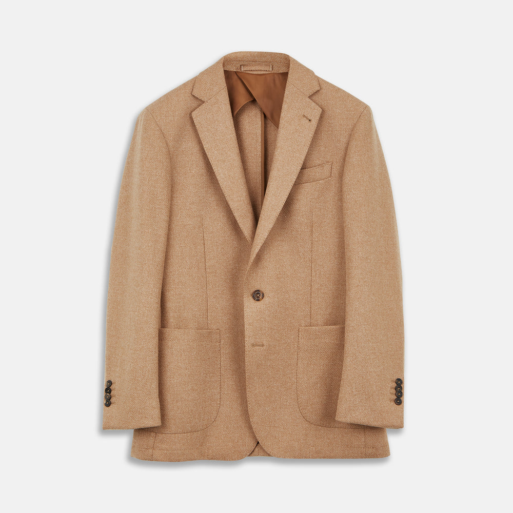 The Camel Merino Wool Blazer by Turnbull & Asser features a classic notch lapel, two front pockets, and two dark buttons. Shown against a white background.