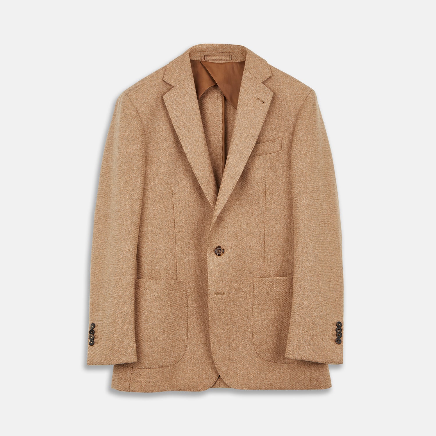 View 1 of product The Camel Merino Wool Blazer by Turnbull & Asser features a classic notch lapel, two front pockets, and two dark buttons. Shown against a white background.