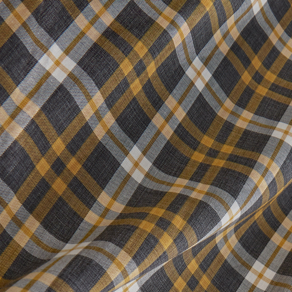 The Turnbull & Asser Yellow Check Weekend Fit Flannel Shirt features a Derby collar, 1-button cuffs, and a yellow, black, and white plaid pattern. It is shown laid flat on a white background.