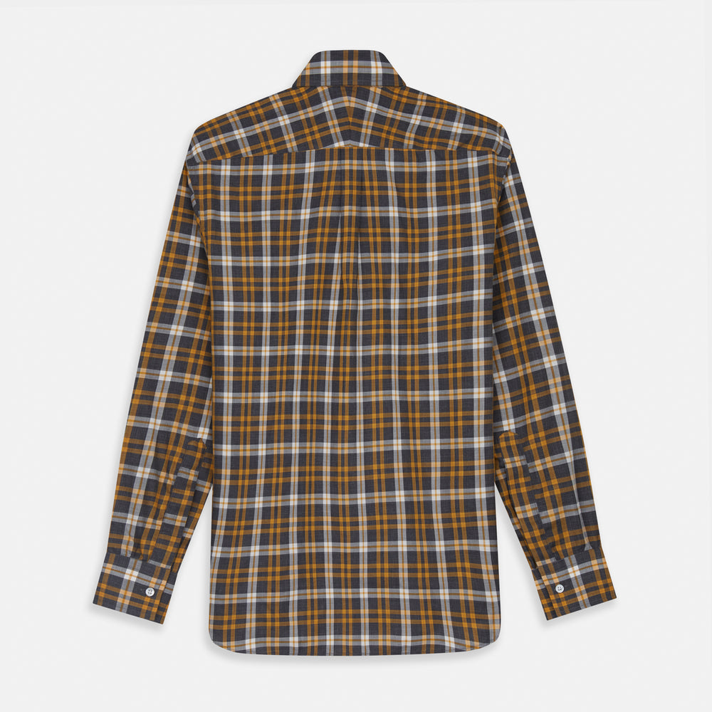 The Turnbull & Asser Yellow Check Weekend Fit Flannel Shirt features a Derby collar, 1-button cuffs, and a yellow, black, and white plaid pattern. It is shown laid flat on a white background.