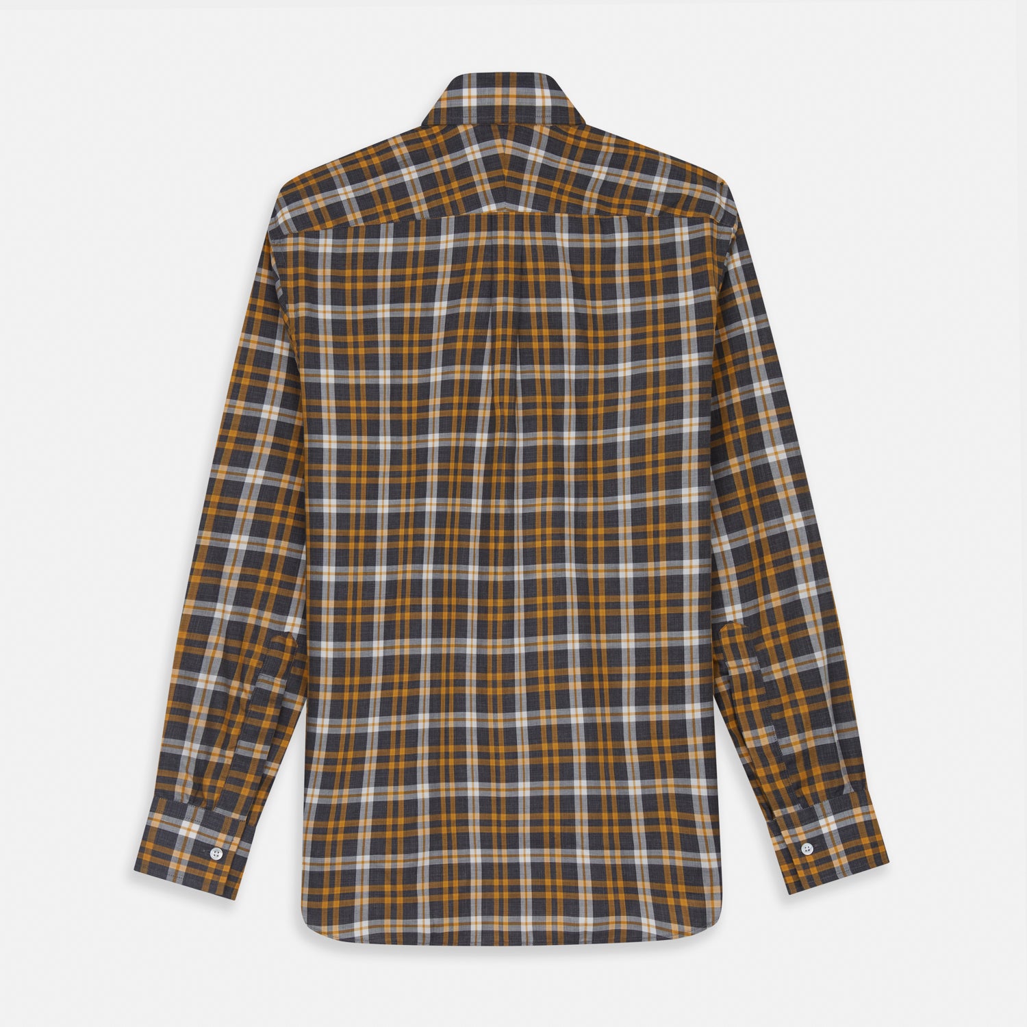 View 5 of product The Turnbull & Asser Yellow Check Weekend Fit Flannel Shirt features a Derby collar, 1-button cuffs, and a yellow, black, and white plaid pattern. It is shown laid flat on a white background.