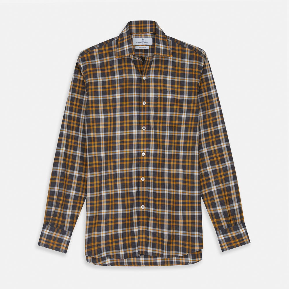 The Turnbull & Asser Yellow Check Weekend Fit Flannel Shirt features a Derby collar, 1-button cuffs, and a yellow, black, and white plaid pattern. It is shown laid flat on a white background.