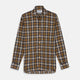The Turnbull & Asser Yellow Check Weekend Fit Flannel Shirt features a Derby collar, 1-button cuffs, and a yellow, black, and white plaid pattern. It is shown laid flat on a white background.