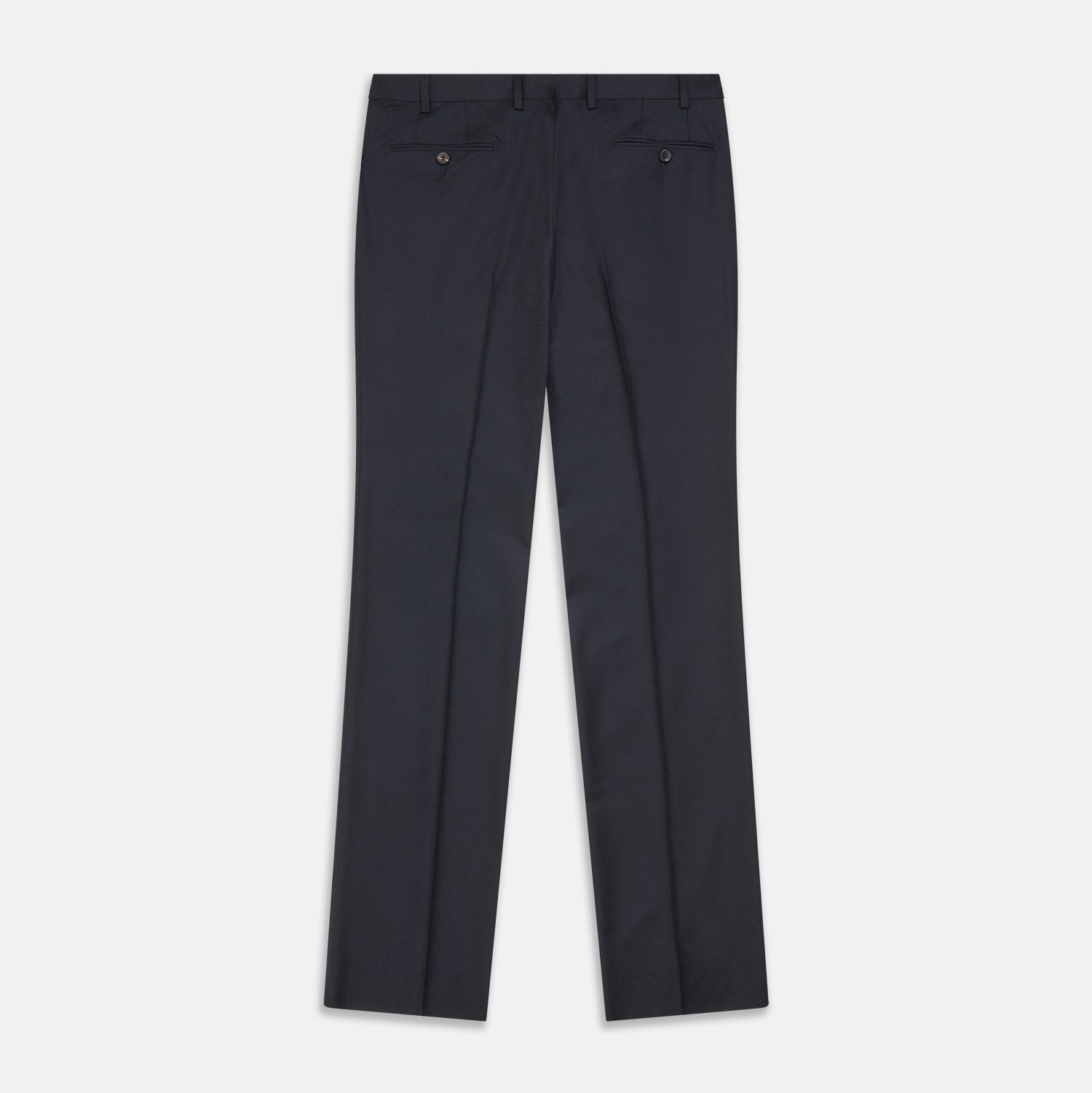 View 3 of product The Navy Wool Pleated Jasper Trouser by Turnbull & Asser features lightweight wool, a button and zipper closure, front pockets, and straight legs, shown neatly pressed against a plain white background.