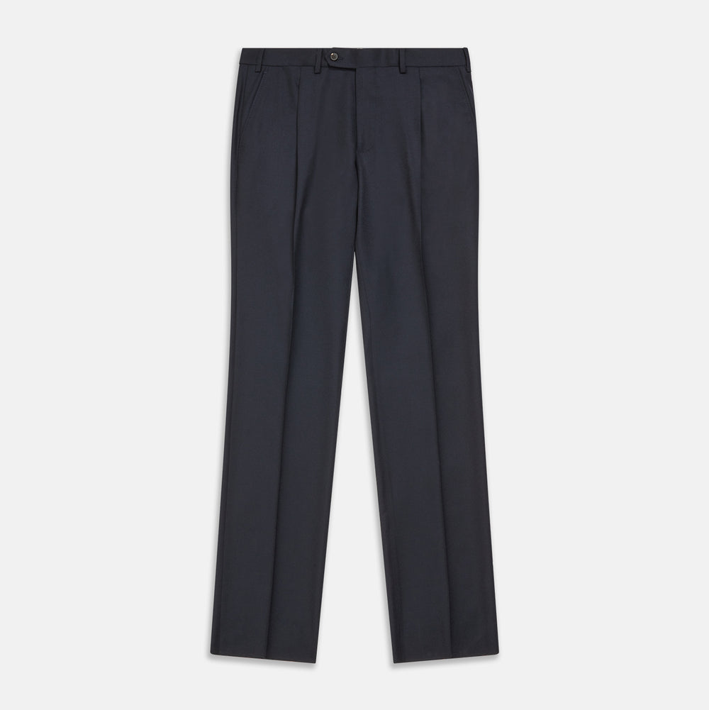 The Navy Wool Pleated Jasper Trouser by Turnbull & Asser features lightweight wool, a button and zipper closure, front pockets, and straight legs, shown neatly pressed against a plain white background.