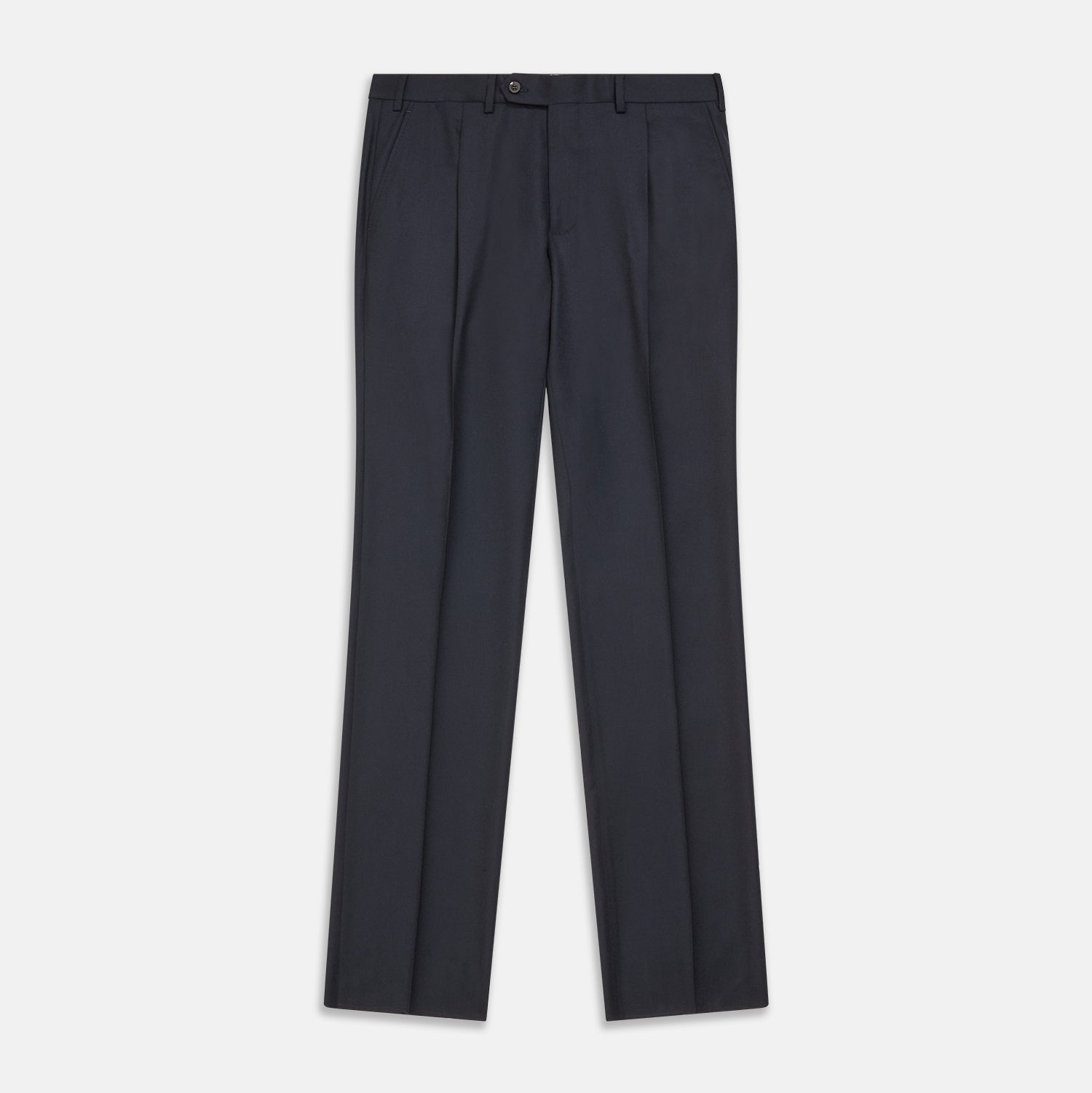 View 1 of product The Navy Wool Pleated Jasper Trouser by Turnbull & Asser features lightweight wool, a button and zipper closure, front pockets, and straight legs, shown neatly pressed against a plain white background.