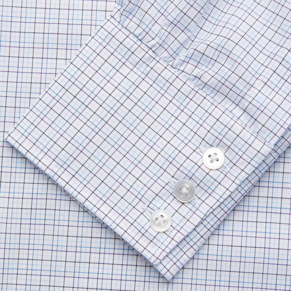 The Turnbull & Asser Purple Multi Check Regular Fit Mayfair Shirt features a long-sleeve design with button-down front, classic collar, and buttoned cuffs—ideal for a smart-casual look, shown on a white background.