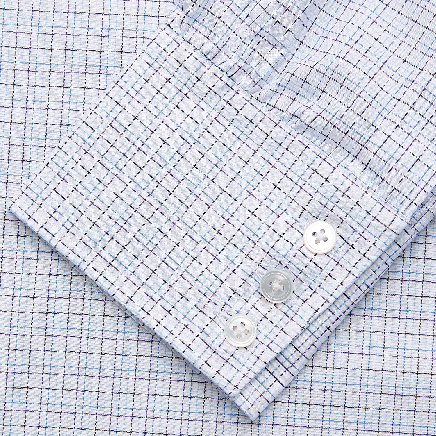View 3 of product The Turnbull & Asser Purple Multi Check Regular Fit Mayfair Shirt features a long-sleeve design with button-down front, classic collar, and buttoned cuffs—ideal for a smart-casual look, shown on a white background.