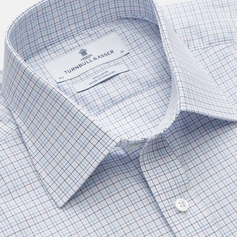 The Turnbull & Asser Purple Multi Check Regular Fit Mayfair Shirt features a long-sleeve design with button-down front, classic collar, and buttoned cuffs—ideal for a smart-casual look, shown on a white background.