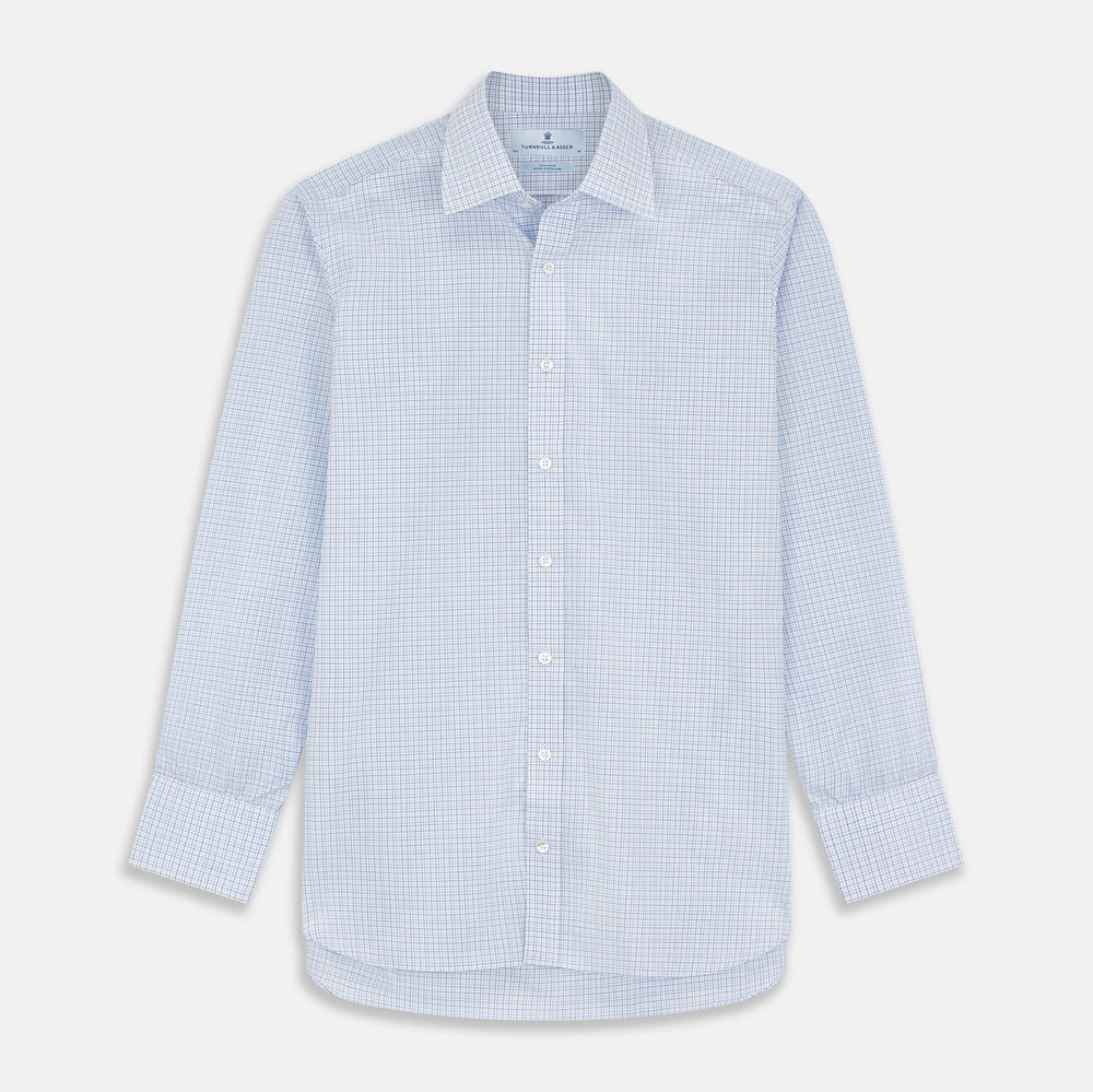The Turnbull & Asser Purple Multi Check Regular Fit Mayfair Shirt features a long-sleeve design with button-down front, classic collar, and buttoned cuffs—ideal for a smart-casual look, shown on a white background.