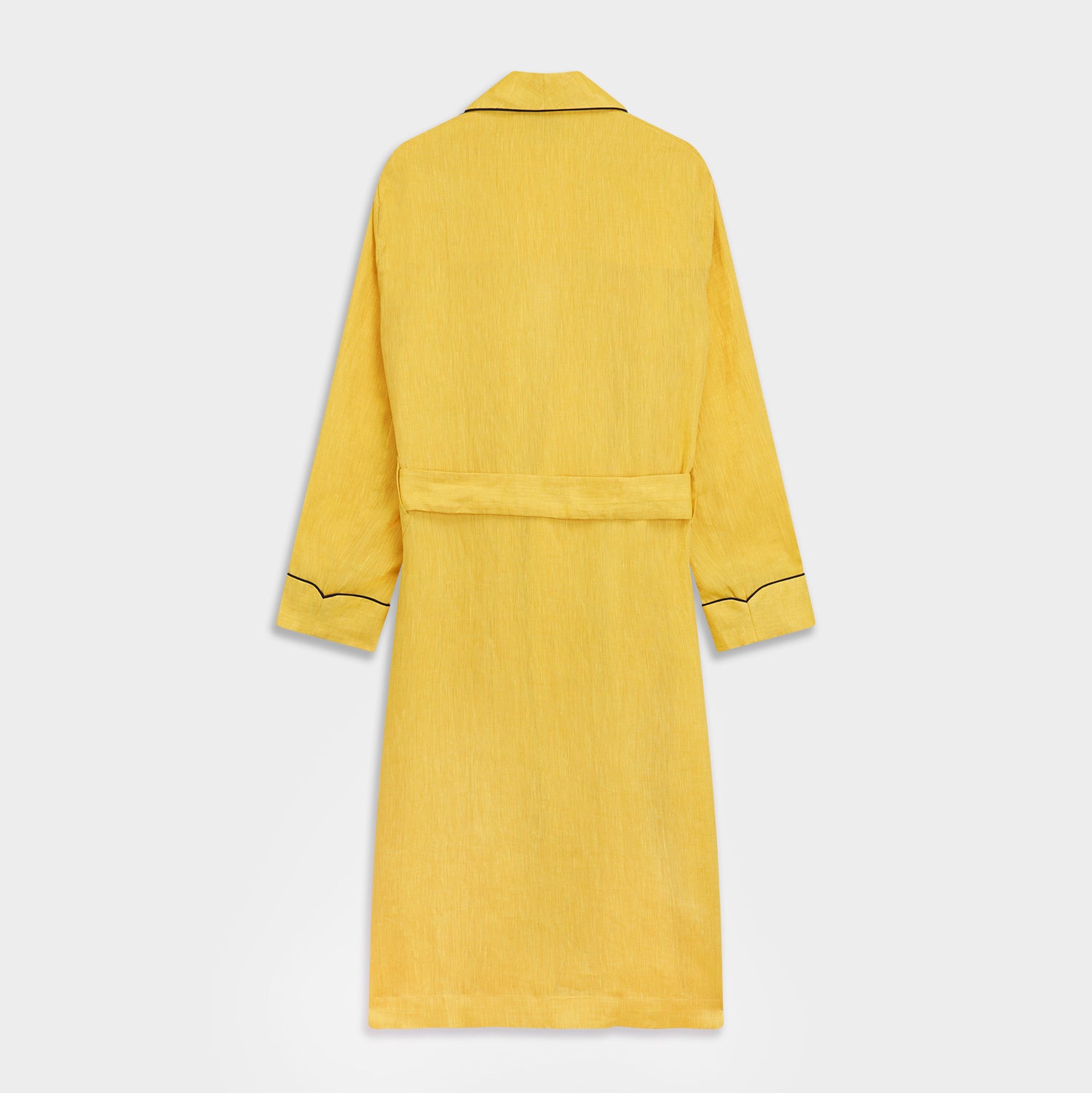 View 7 of product The Turnbull & Asser Ochre Linen Piped Gown features black piping on the collar, cuffs, and edges, a chest pocket, two front pockets, and a matching waist belt. Made with breathable linen for comfort, shown against a plain white background.