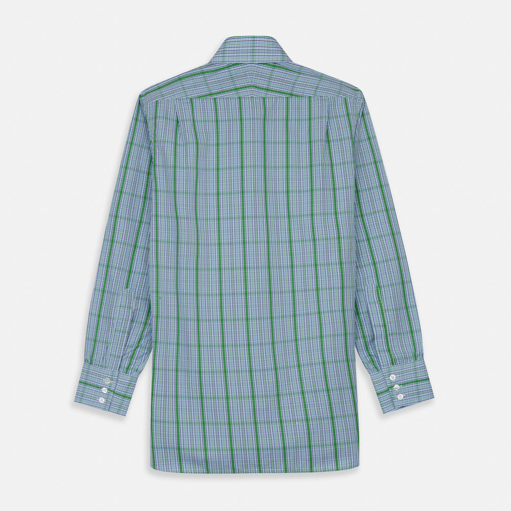 The Turnbull & Asser Green and Blue Fancy Check Regular Fit Shirt features a T&A collar and white buttons, displayed against a plain white background.