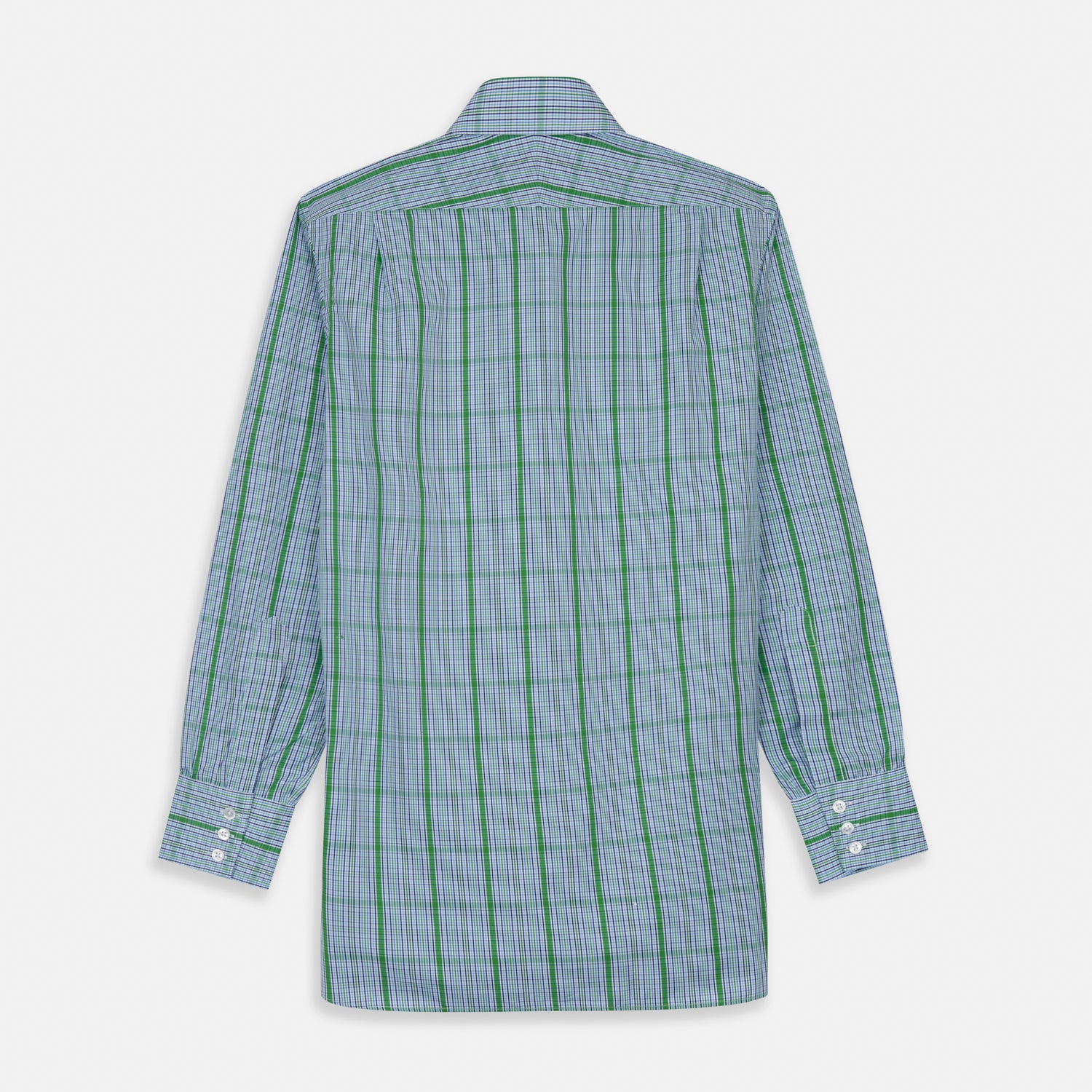 View 5 of product The Turnbull & Asser Green and Blue Fancy Check Regular Fit Shirt features a T&A collar and white buttons, displayed against a plain white background.