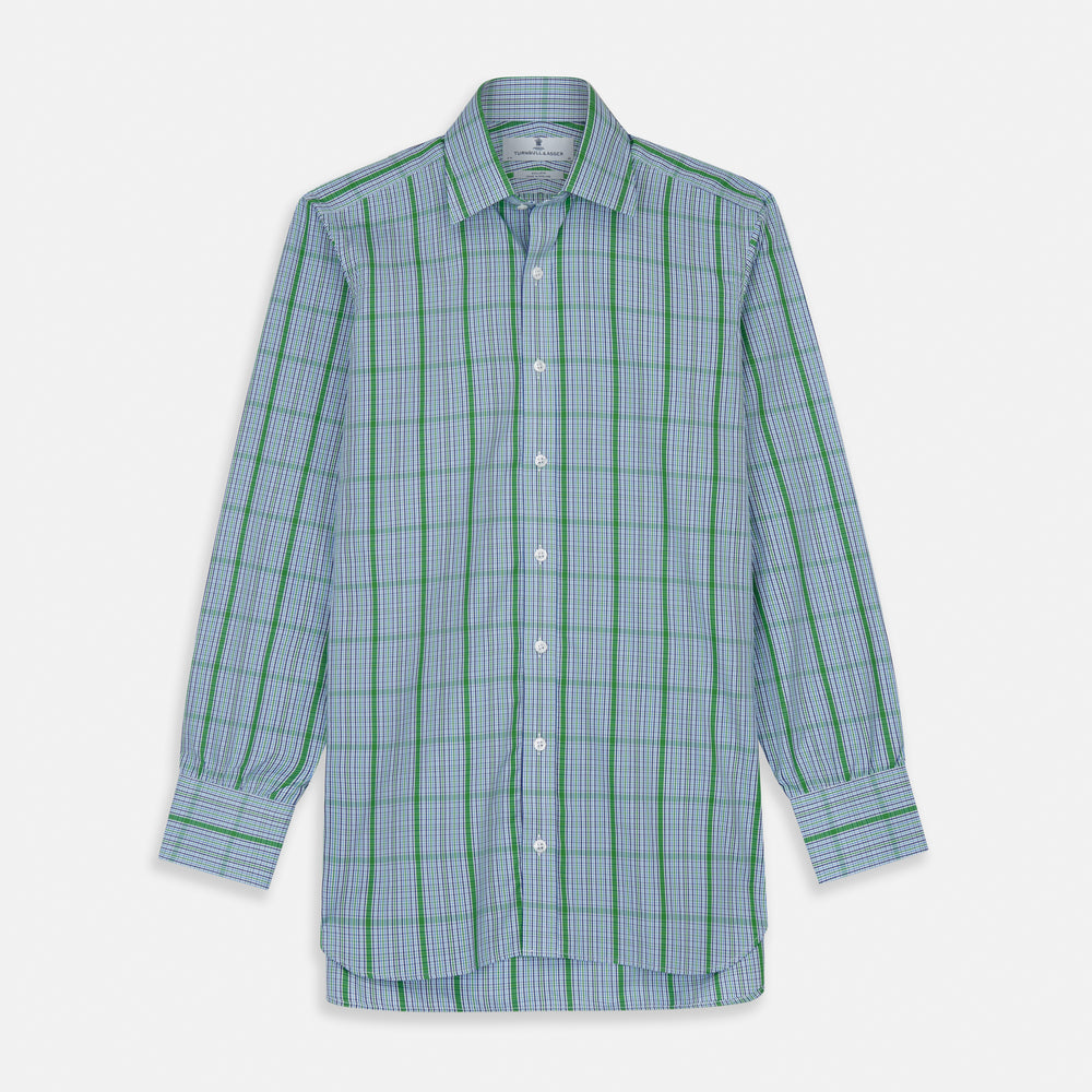 The Turnbull & Asser Green and Blue Fancy Check Regular Fit Shirt features a T&A collar and white buttons, displayed against a plain white background.