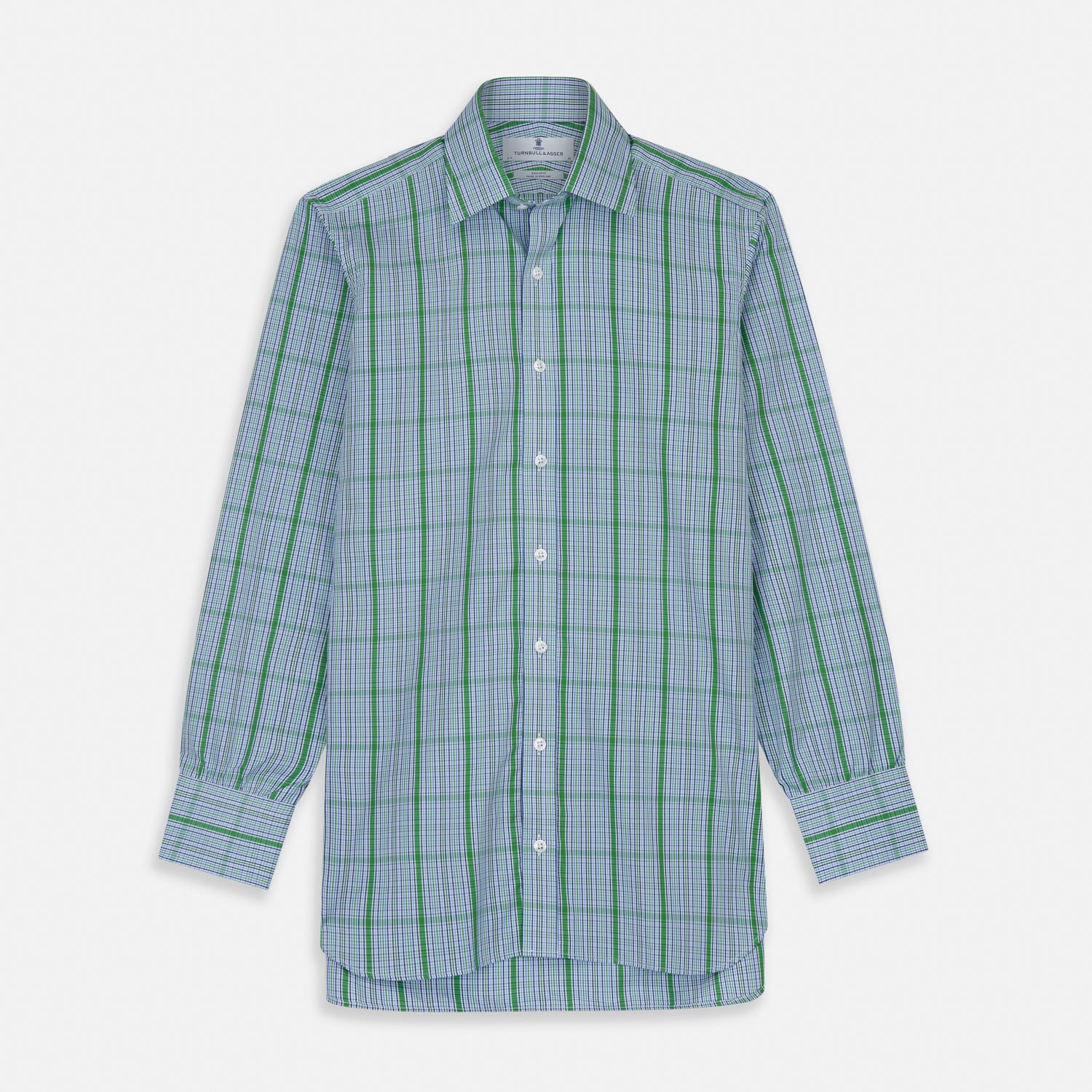 View 1 of product The Turnbull & Asser Green and Blue Fancy Check Regular Fit Shirt features a T&A collar and white buttons, displayed against a plain white background.