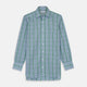 The Turnbull & Asser Green and Blue Fancy Check Regular Fit Shirt features a T&A collar and white buttons, displayed against a plain white background.