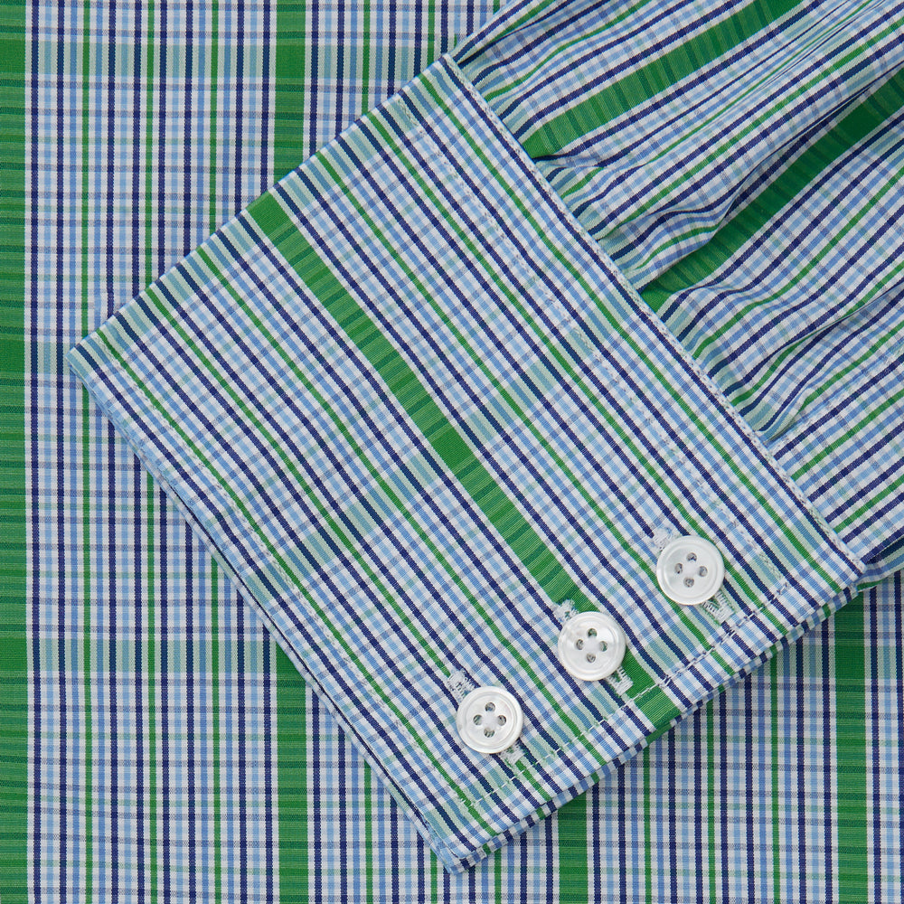 The Turnbull & Asser Green and Blue Fancy Check Regular Fit Shirt features a T&A collar and white buttons, displayed against a plain white background.