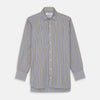 View 2 of product A man stands against a light background, wearing a Turnbull & Asser Yellow and Blue Fancy Check Regular Fit Shirt with T&A Collar, a patterned tie, dark dress pants, and black shoes. He faces forward with hands in pockets and a neutral expression.
