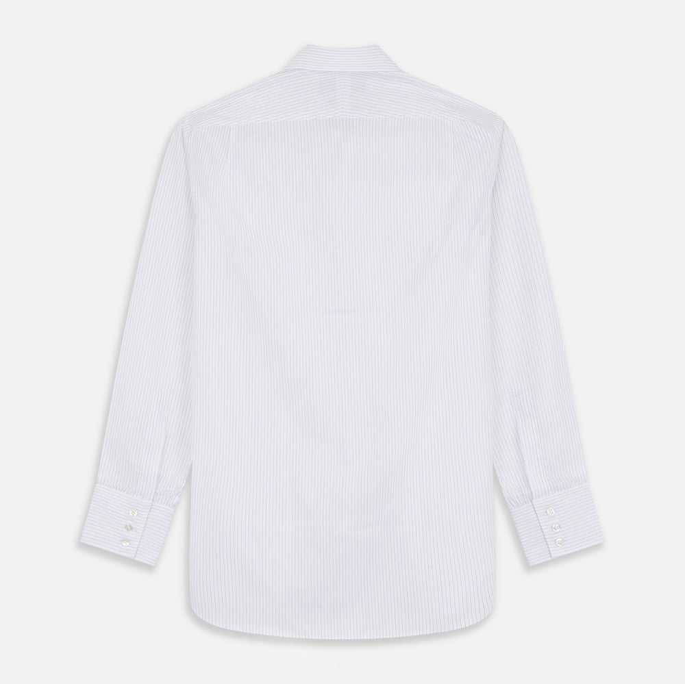 The Turnbull & Asser Red & White Stripe Sea Island Quality Cotton Regular Fit Mayfair Shirt features a classic T&A collar, button-down front, and buttoned cuffs, shown laid flat on a white background.