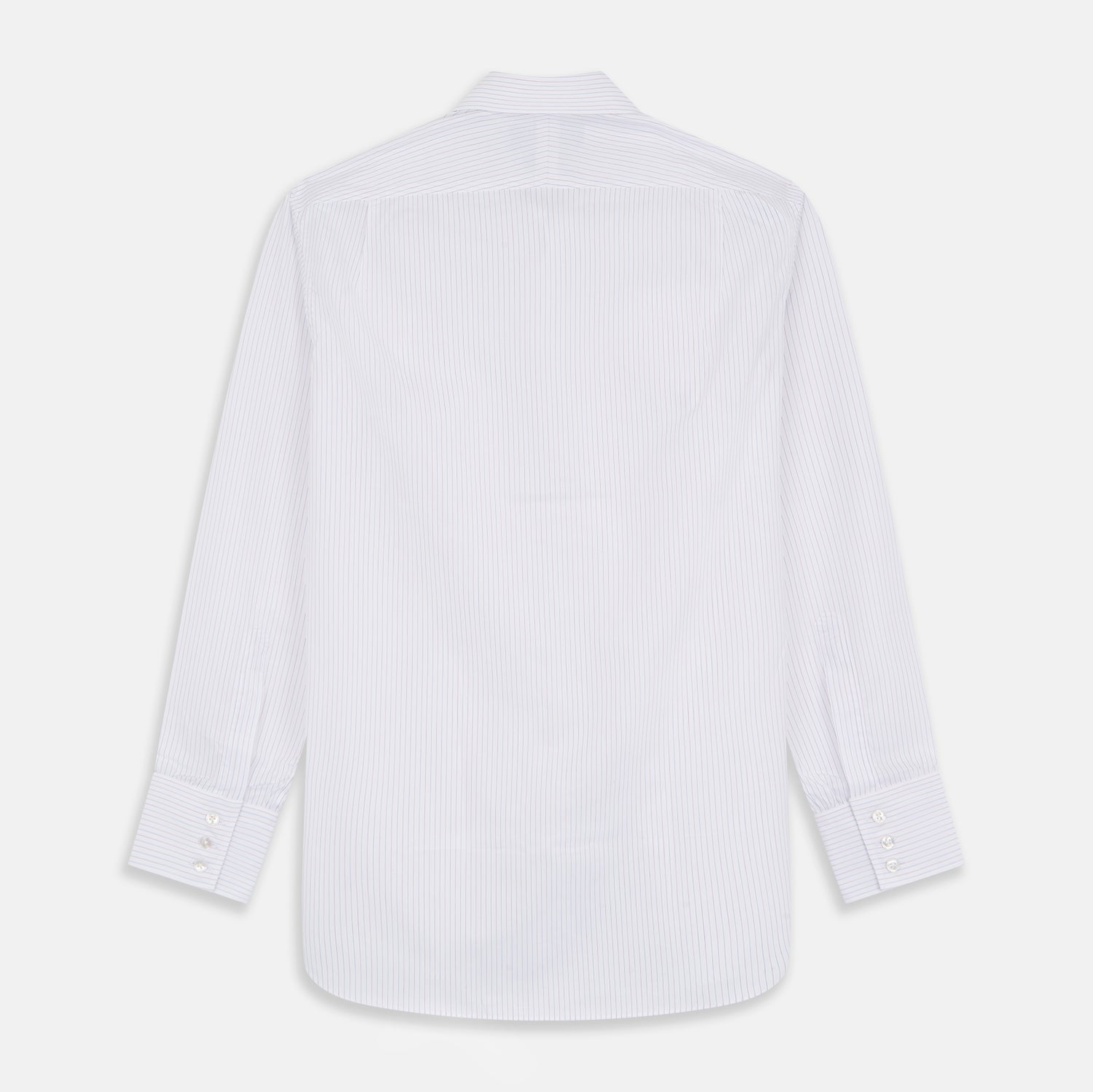 View 5 of product The Turnbull & Asser Red & White Stripe Sea Island Quality Cotton Regular Fit Mayfair Shirt features a classic T&A collar, button-down front, and buttoned cuffs, shown laid flat on a white background.