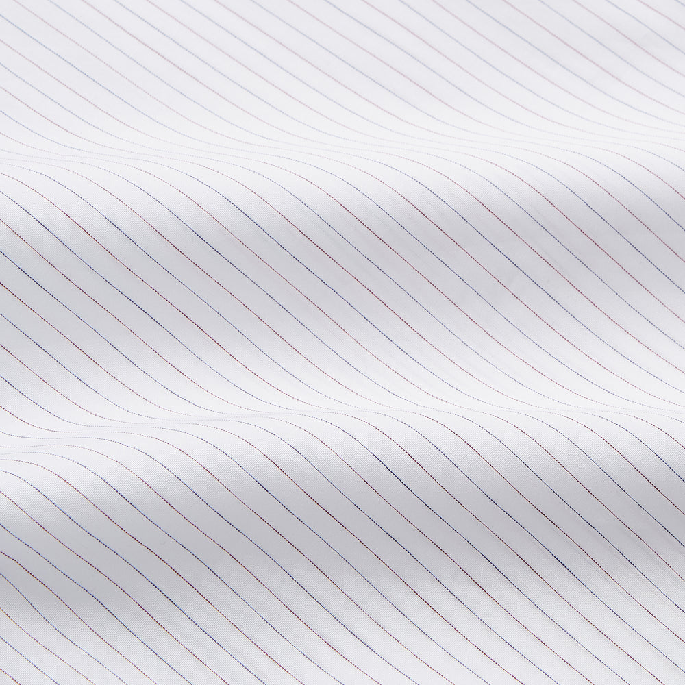 The Turnbull & Asser Red & White Stripe Sea Island Quality Cotton Regular Fit Mayfair Shirt features a classic T&A collar, button-down front, and buttoned cuffs, shown laid flat on a white background.
