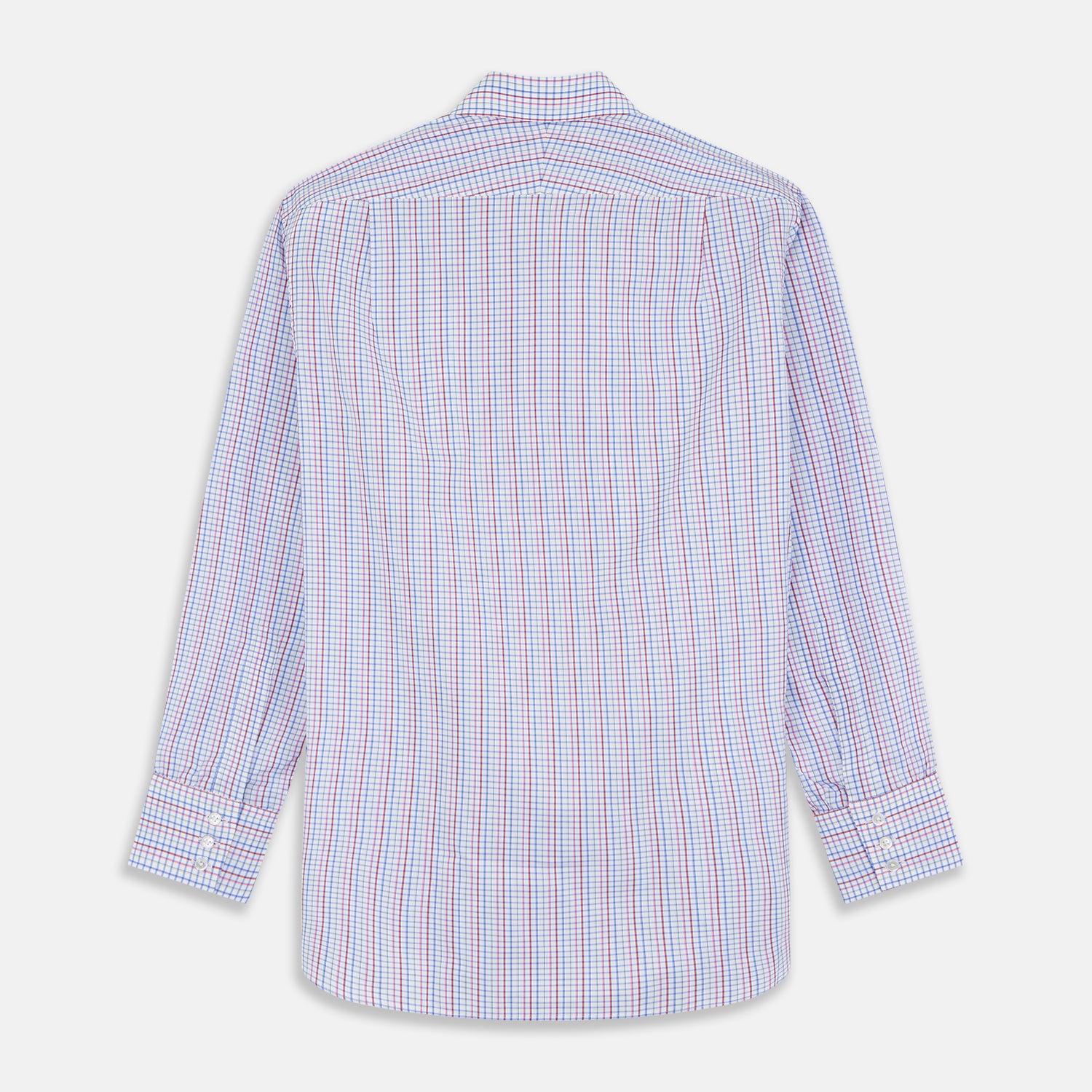 View 5 of product The Red Multi Blazer Check Regular Fit Mayfair Shirt by Turnbull & Asser features a T&A collar and long sleeves, showcasing a blue and red checkered pattern on white, set against a plain white backdrop.