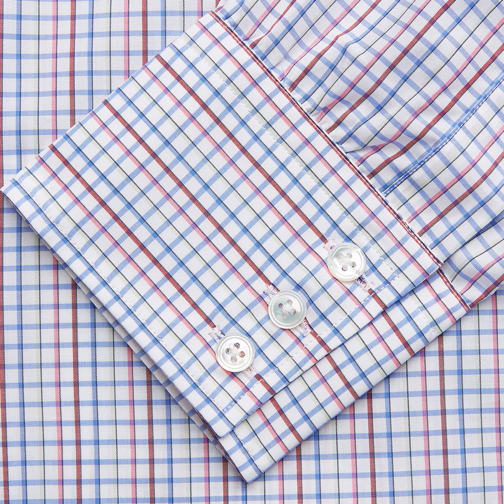 The Red Multi Blazer Check Regular Fit Mayfair Shirt by Turnbull & Asser features a T&A collar and long sleeves, showcasing a blue and red checkered pattern on white, set against a plain white backdrop.