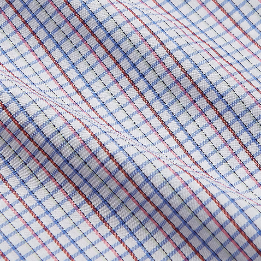 The Red Multi Blazer Check Regular Fit Mayfair Shirt by Turnbull & Asser features a T&A collar and long sleeves, showcasing a blue and red checkered pattern on white, set against a plain white backdrop.