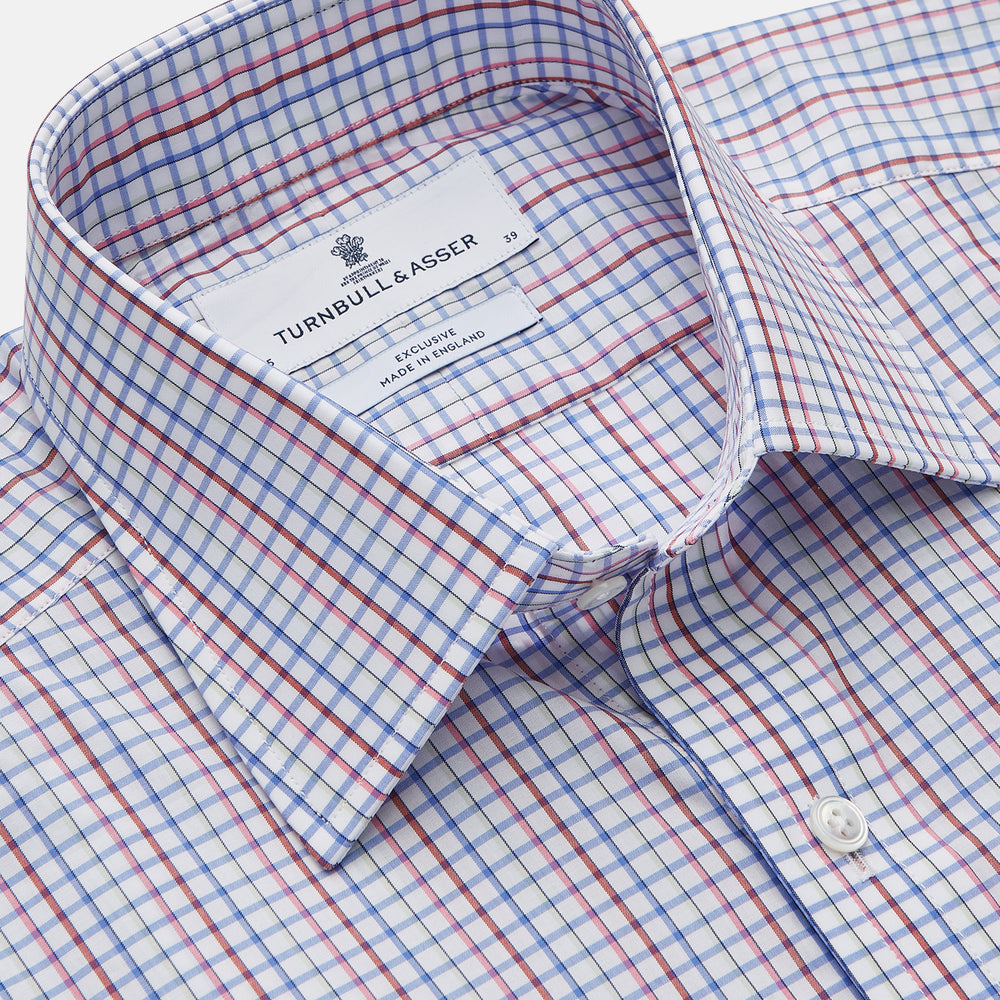 The Red Multi Blazer Check Regular Fit Mayfair Shirt by Turnbull & Asser features a T&A collar and long sleeves, showcasing a blue and red checkered pattern on white, set against a plain white backdrop.