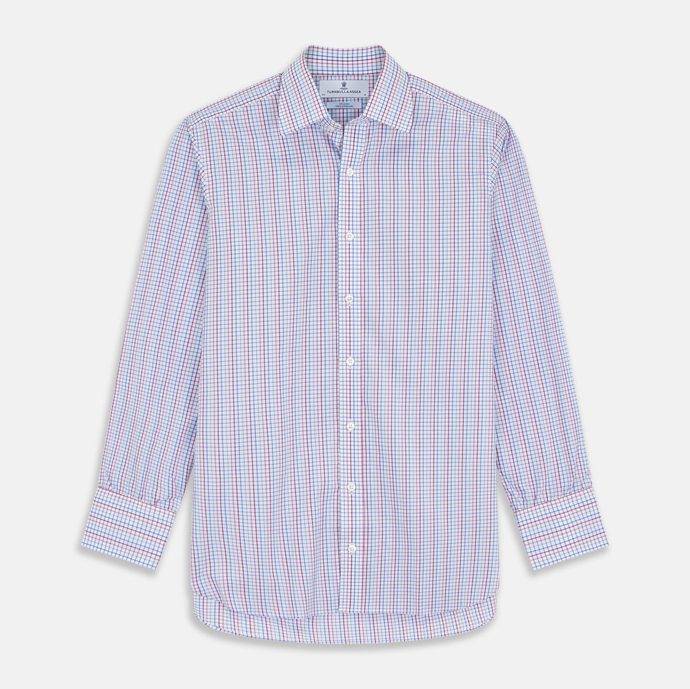 The Red Multi Blazer Check Regular Fit Mayfair Shirt by Turnbull & Asser features a T&A collar and long sleeves, showcasing a blue and red checkered pattern on white, set against a plain white backdrop.