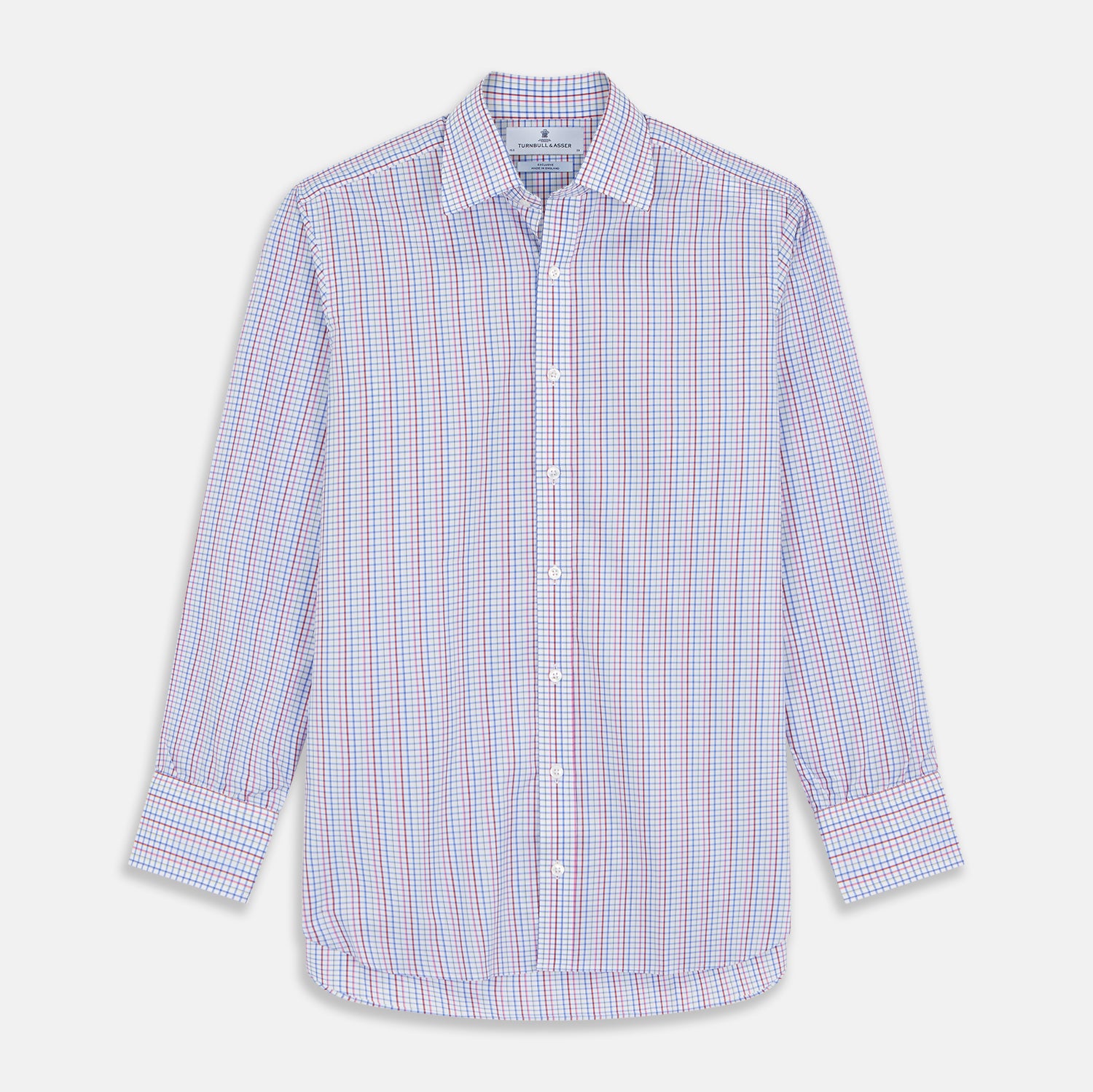 View 1 of product The Red Multi Blazer Check Regular Fit Mayfair Shirt by Turnbull & Asser features a T&A collar and long sleeves, showcasing a blue and red checkered pattern on white, set against a plain white backdrop.