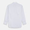 View 5 of product The Turnbull & Asser Blue Multi Stripe Regular Fit Mayfair Shirt features light blue vertical stripes on white, a classic collar, long sleeves, and buttoned cuffs, displayed on a plain white surface.