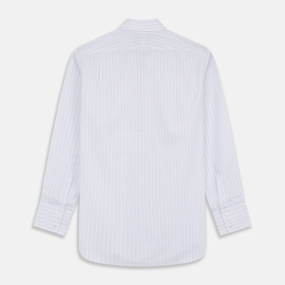 The Turnbull & Asser Blue Multi Stripe Regular Fit Mayfair Shirt features light blue vertical stripes on white, a classic collar, long sleeves, and buttoned cuffs, displayed on a plain white surface.