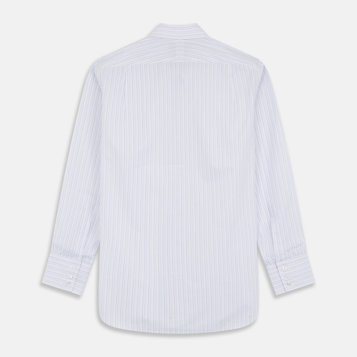 View 5 of product The Turnbull & Asser Blue Multi Stripe Regular Fit Mayfair Shirt features light blue vertical stripes on white, a classic collar, long sleeves, and buttoned cuffs, displayed on a plain white surface.